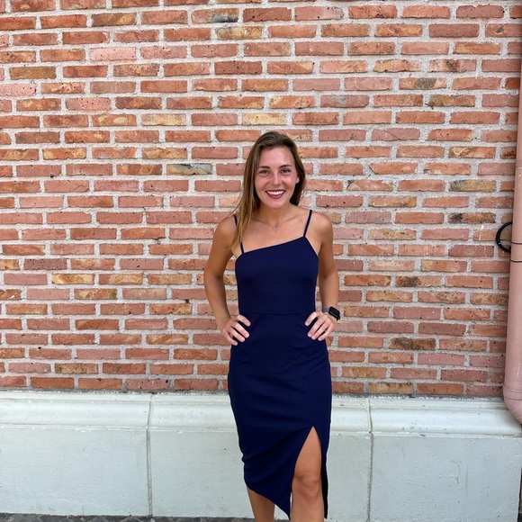Elegant Asymmetrical Navy Dress - Picture 1 of 7